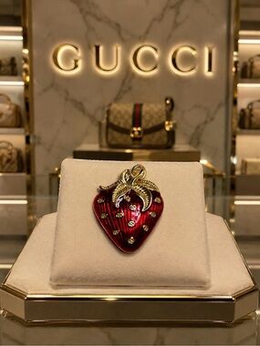Gucci stamped Red and Gold tone Strawberry charm pendant with Crystal Accents